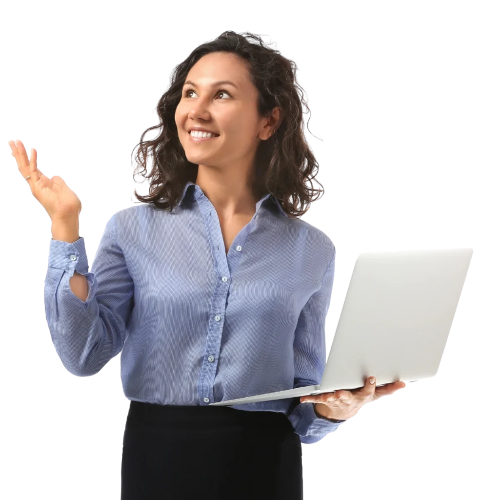 Woman holding laptop while on an email platform.